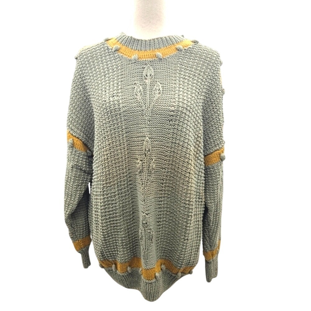 Corvo Womens Hand Knit Cotton Oversized Bobble Sweater Sage Green Mustard‎ OS
